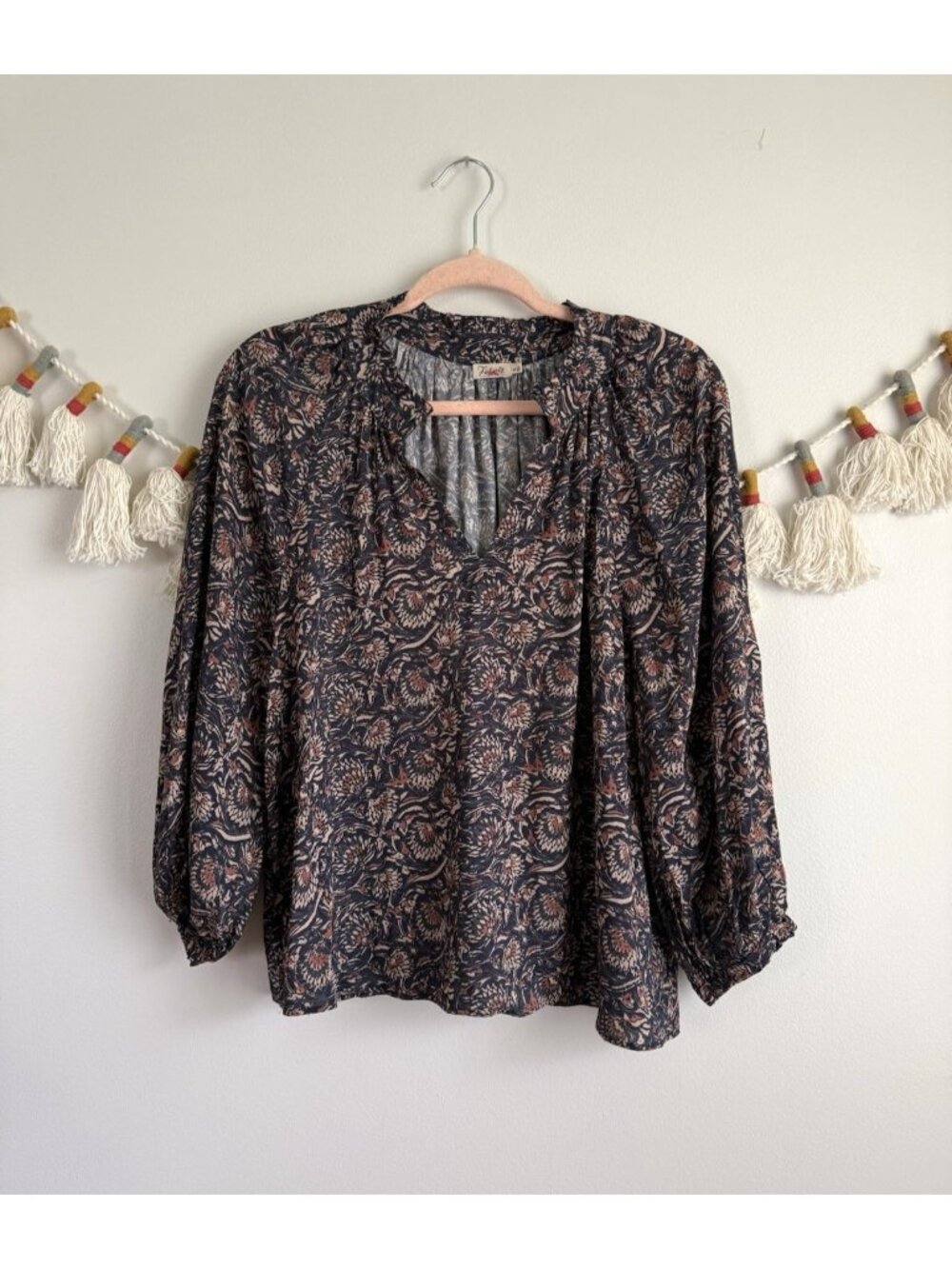 Faherty Portia Artisan Paisley Relaxed 3l4 Sleeve Top Peasant Boho Lightweight M